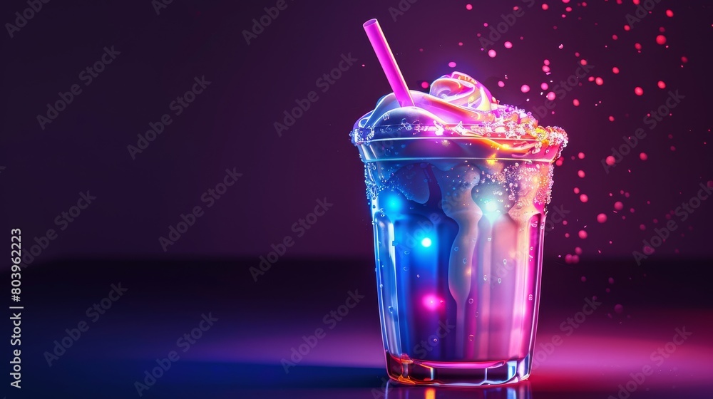Purple and blue glowing milkshake with whipped cream and sprinkles. Purple and blue glowing milkshake with whipped cream and sprinkles.