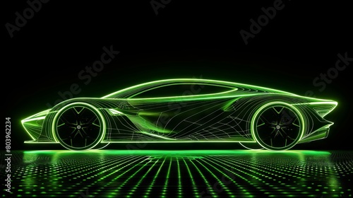 Neon Green Outline of Futuristic Sports Car on Reflective Surface