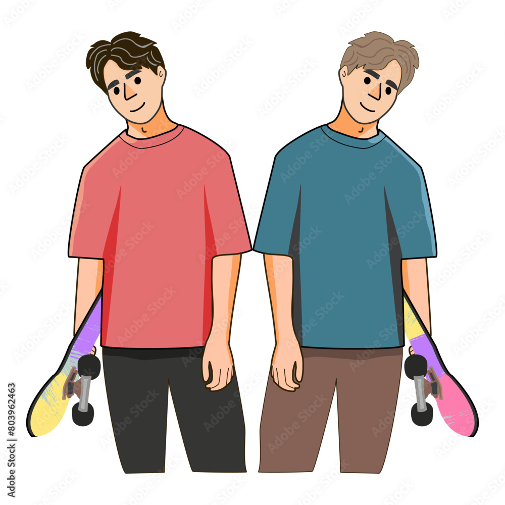 Obraz premium Vector illustration of two young men with skateboards on a white background