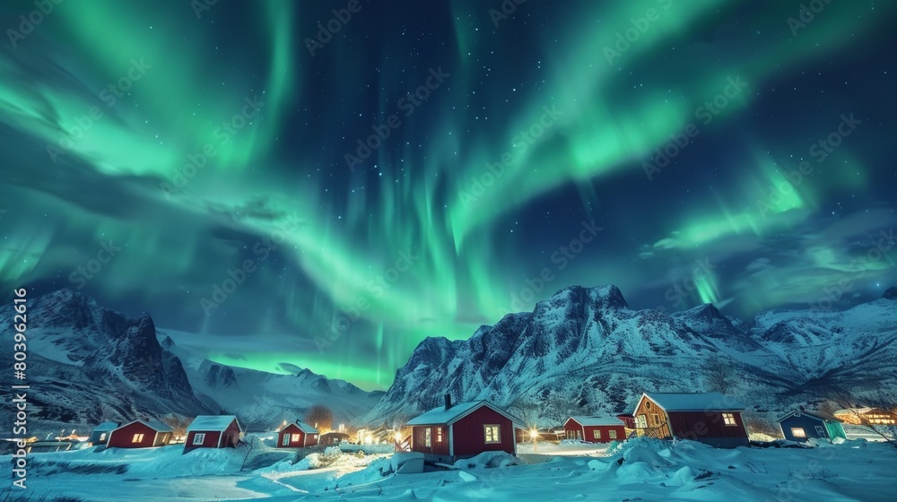 Northern lights in the whole sky, below is a village with wooden huts
