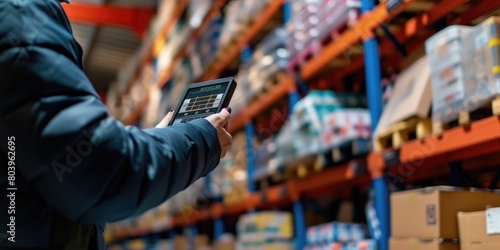 Professional project manager hands looking tablet while checking product at warehouse. Start up smart business man working on tablet while walking at storage with blurring background. Business. AIG42.