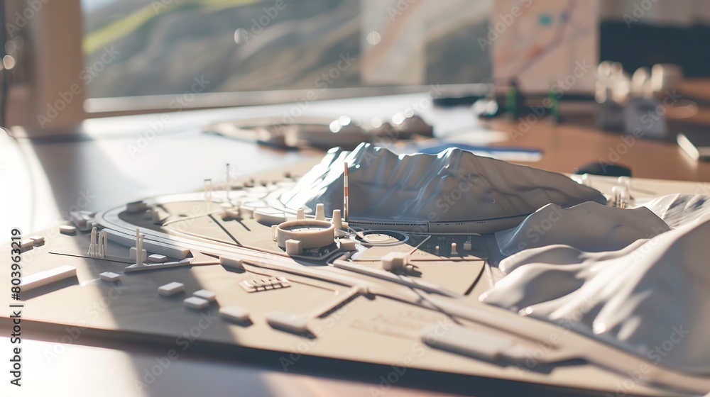 Macro view of a model of a geothermal plant on an investor’s desk, illustrating detailed planning before committing funds. Macro view of a model of a geothermal plant on an investor’s desk, illustrating detailed planning before committing funds.