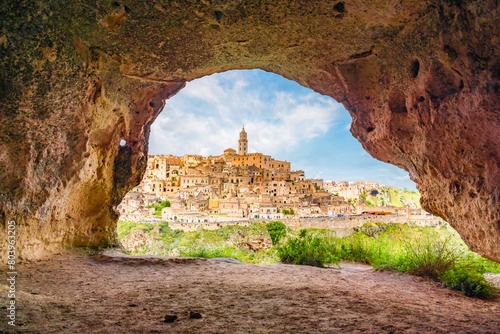 View of the ancient town of Matera, Sassi di Matera in Basilicata, southern Italy. grotto cave on Sassi di Matera photo