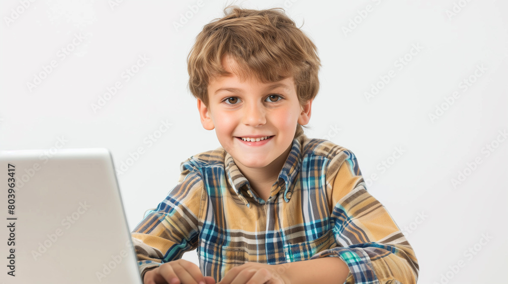 A smiling boy 7 years is studying online using a laptop. the concept of online schools and online education. on a white background with space for text. A smiling boy 7 years is studying online using a laptop. the concept of online schools and online education. on a white background with space for text.
