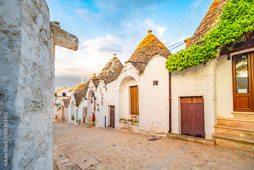 Trulli of Alberobello, Puglia, Italy. town of Alberobello with trulli houses among green plants and flowers