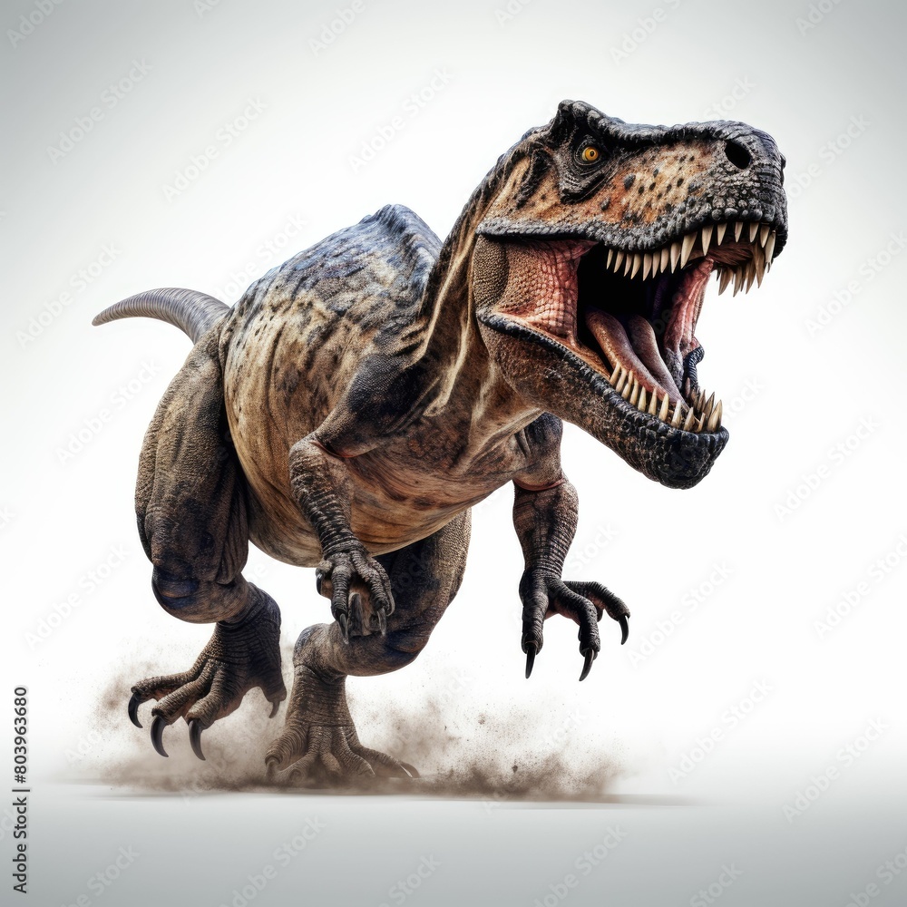 A roaring T-rex charging forward kicking up dust A roaring T-rex charging forward kicking up dust