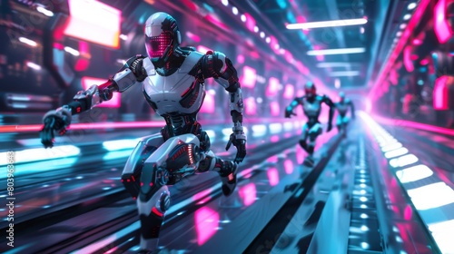 Picture a thrilling scene where sleek and agile robots compete in a high-speed race. Set against a backdrop of futuristic cityscapes and neon lights, these mechanical athletes zoom across the track wi photo