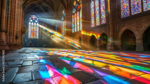 The interior of a grand cathedral during a peaceful moment  sunlight streaming through stained glass windows  casting colorful patterns on the ancient stone floor.