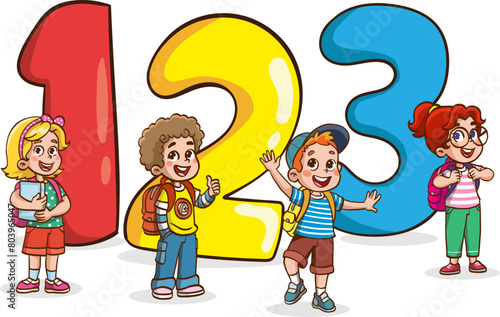 Happy Cute Cartoon School Children.Happy Kids Studying And Learning