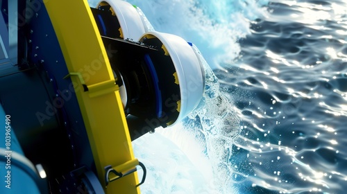 Macro shot of a wave energy converter in action, capturing the device as it harnesses the power of ocean waves.  photo