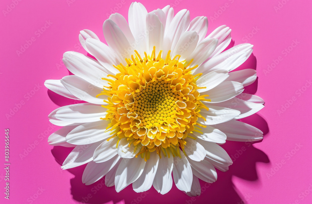 White and yellow daisy on pink background with shadow, flat lay photo with arrow White and yellow daisy on pink background with shadow, flat lay photo with arrow