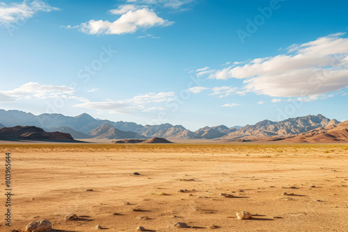 Stunning Desert Landscape with Majestic Mountain View under Blue Sky