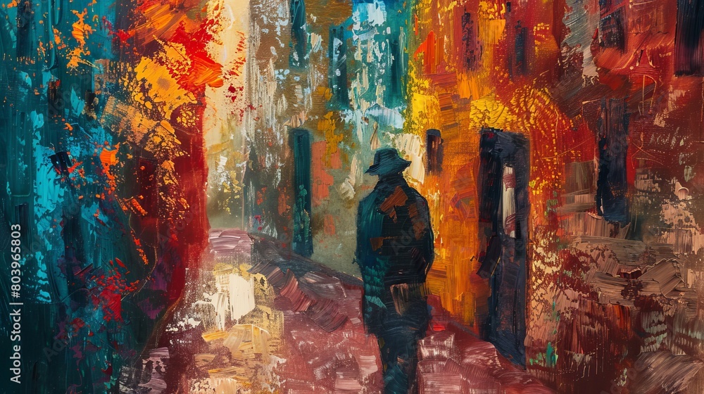 Vibrant cityscape painting depicting a person strolling through the bustling city streets