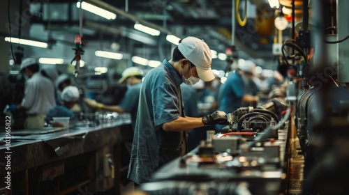 The intense focus of workers in a production line, the rhythmic harmony of their movements creating a ballet of efficiency and precision, underscoring the skill and focus required in their roles.