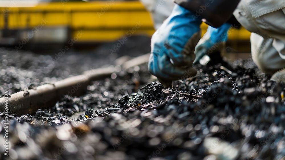 Close-up of a technician inspecting the ash residue from combusted waste, showcasing byproducts of waste to energy processes. Close-up of a technician inspecting the ash residue from combusted waste, showcasing byproducts of waste to energy processes.