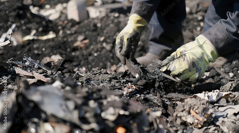 Fototapeta premium Close-up of a technician inspecting the ash residue from combusted waste, showcasing byproducts of waste to energy processes. 