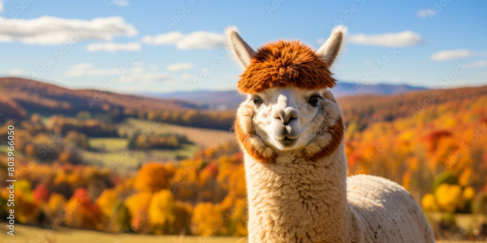 Obraz premium A llama with a red hat stands in a field of autumn leaves