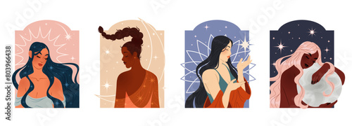 Woman portrait. Female young faces. Magic hair. Night sleep. Dreaming girls. Modern style. Witch beauty. Sky moon and stars. Esoteric astrology. Mystic abstract background. Vector creative posters set