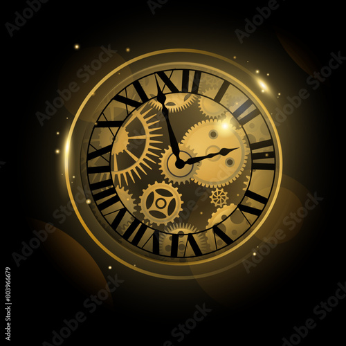 Clock gear. Gold watch. Abstract circle dial. Clockwork mechanism. Hours measurement. Minutes countdown. Chronometer technology. Ancient arrows and cogwheels. Antique timepiece. Vector time concept
