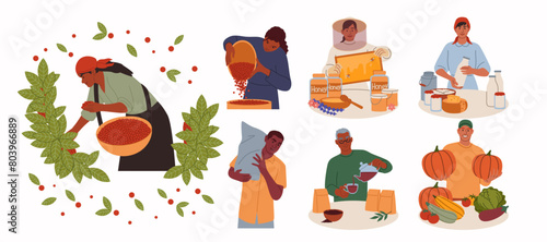 Farming food. Coffee plantation. Farmers work process. Beans cultivating. Local ECO market. Dairy farm. Fruit and vegetable garden. Agriculture worker. Apiary honey. Small business sellers vector set
