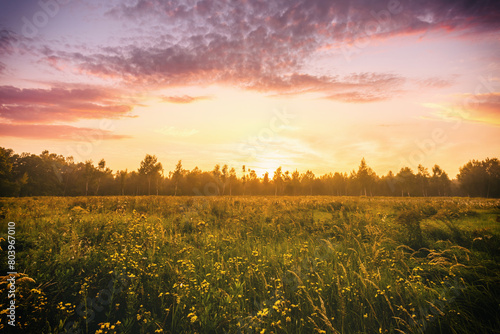 Sunrise on a field covered with wild flowers in summer season with fog and trees with a cloudy sky in morning. Vintage film aesthetic.