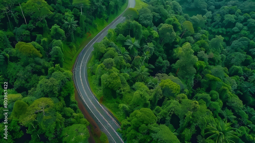 Aerial top view of scenic winding road through lush green forest in the rainy season Aerial top view of scenic winding road through lush green forest in the rainy season