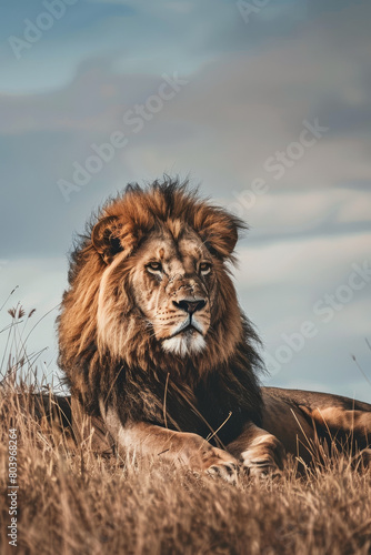 Majestic Lion Resting in Golden Field under Blue Sky