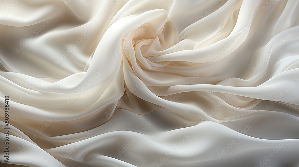 Fototapeta premium Contemporary Fluttering White Color Silk Fabric in Space With Delicate Folds on Bokeh Background
