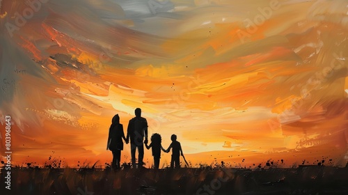 Happy family spending quality time painting together in the beautiful warm glow of the sunset