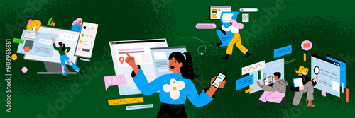 Information digital research. Internet surfing. Browser search. Look website. Web technologies. Person finding computer site. SEO tech. Network job. Mobile application. Online users vector flat set