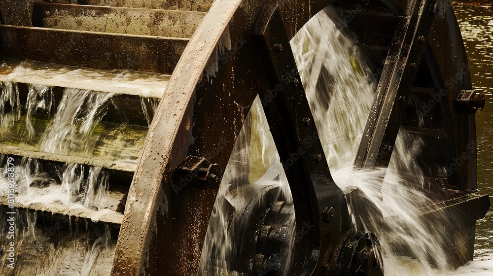 Close-up of a well-preserved waterwheel, highlighting traditional mechanical energy sources used in early industrial mills. Close-up of a well-preserved waterwheel, highlighting traditional mechanical energy sources used in early industrial mills.