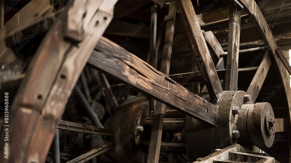 Close-up of a well-preserved waterwheel, highlighting traditional mechanical energy sources used in early industrial mills. 