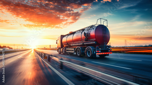 A large tanker truck transporting fuel barrels barrels down the highway against a stunning sunset backdrop