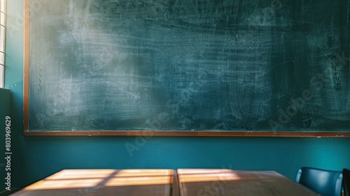 Empty classroom with chalkboard and sunlight photo