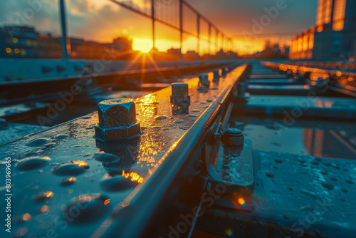 Sunset Reflections on Rain soaked Railroad Tracks in Urban Landscape