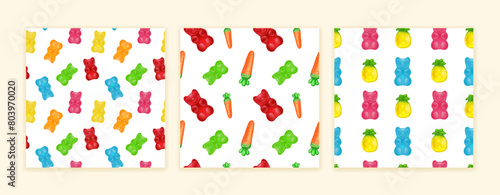 Bear gummy. Pattern candy collection, fruit jelly cute sweets, colorful bean, sugar snack, cola bottle. Kids food, soft gum. Print with icon 3d shapes. Vector background illustration birthday decor