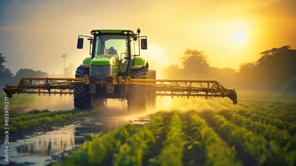 Fototapeta premium A tractor elegantly sprays water across a vibrant field, creating a mesmerizing dance of droplets under the sunlight