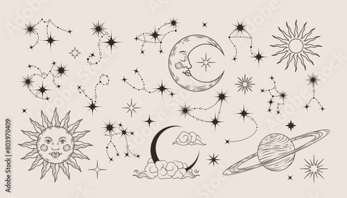 Astrology set. Moon, sun and star. Occult vintage isolated line elements. Cloud and crescent. Esoteric pattern for tarot, tattoo design. Alchemy antique illustration, magic outline icons. Vector print