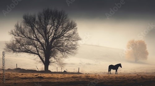 A horse near a tree on the background of a foggy landscape