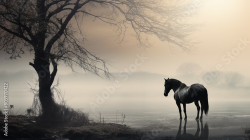 A horse near a tree on the background of a foggy landscape