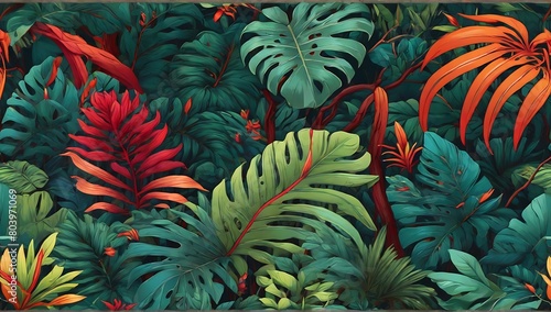 Abstract background with tropical foliage theme  typical tropical colors  made with AI generative  