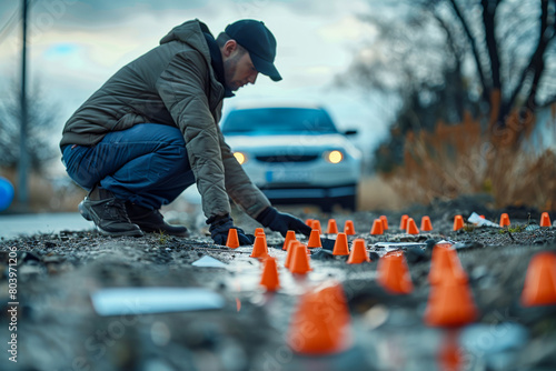 Man Arranging Safety Cones on Road Near Car at Dusk