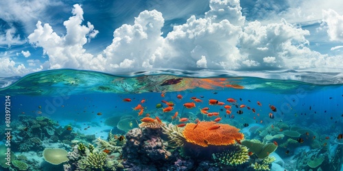 Fototapeta Naklejka Na Ścianę i Meble -  Above and below surface of the Caribbean sea with coral reef and fishes underwater and a cloudy blue sky.