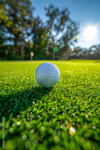 Sunlit Golf Ball on Vibrant Green Course with Pin in Background