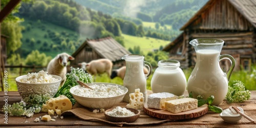 A variety of dairy products including milk, cheese, and yogurt beautifully arranged on a rustic wooden table amidst a blooming meadow with sheep in the background.