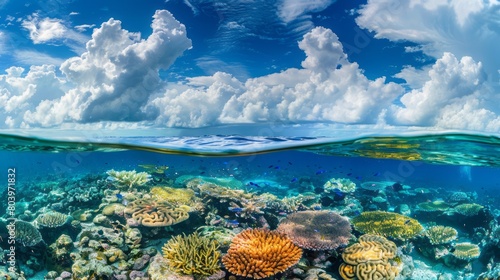 Above and below surface of the Caribbean sea with coral reef underwater and a cloudy blue sky.