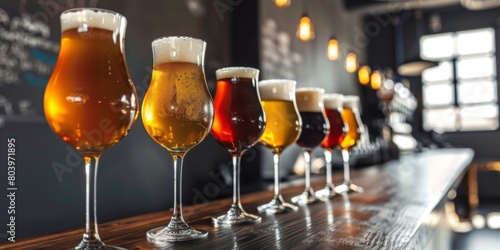 glasses, each containing a different type of beer, are lined up on a wooden bar counter, showcasing a variety of colors and foamy heads. photo
