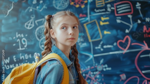 A candid shot of a young girl with her backpack slung over one shoulder, a blue chalkboard with drawings and equations in the background