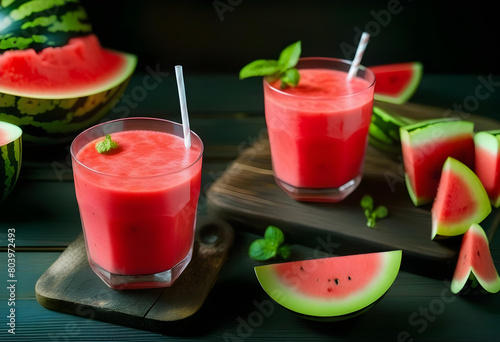 A glass of watermelon smoothie with a straw and a slice of watermelon with mint leaves on a wooden table