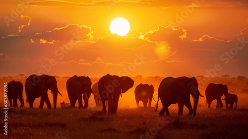 A herd of elephants roaming freely across the African savannah at sunset